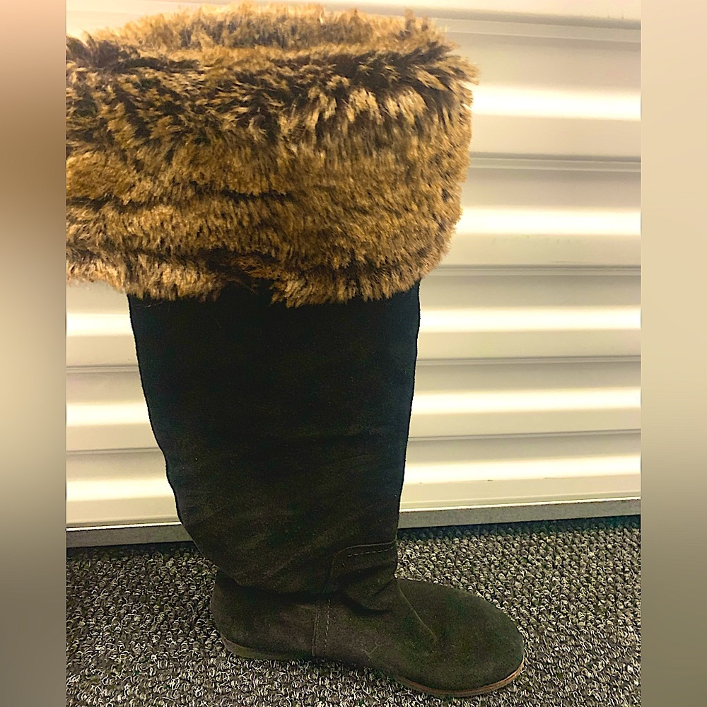 Sam Edelman Knee High Boots Black Suede with Brown Faux Fur 8 1/2